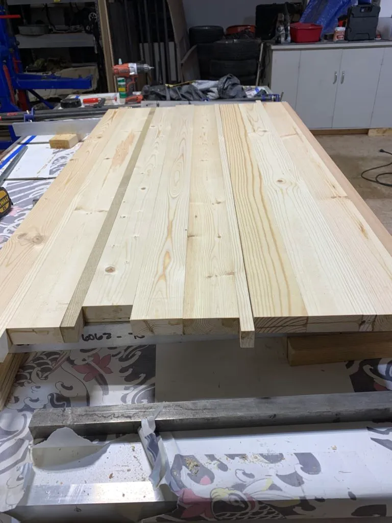 The wood with a similar color setting on a work bench